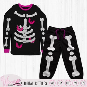 Mädchen Skelett mit Fledermäusen, Halloween-Kostüm svg, Skelettanzug svg, Kleinkindkostüm, Knochen-Outfit, Cricut svg, scanncut fcm, Plotterdatei,