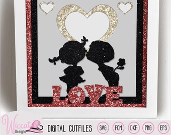 3D Kids couple silhouette svg cut file, Shadow box SVG, Valentine kids, 3D Layered paper cut SVG, Valentine decoration paper craft,