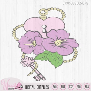 Hibiscus Flowers with key chain and heart lock, line art diy gift for Valentine, new home design, love  cut file, cricut, Scanncut fcm