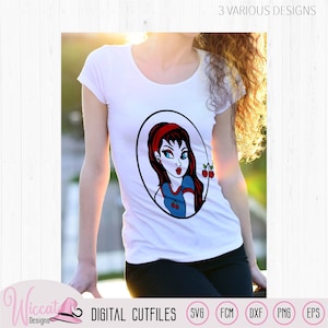 Cherry fruit girl svg, cartoon cherry svg, vintage woman vector, pin up style svg, teenager cartoon line art, cricut & dxf compatible