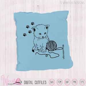 Cute Line Art Kitten mit Wolle Svg, katze svg, tiere svg, scanncut fcm, svg plotterdatei, dxf datei, svg cricut, vinyl basteln