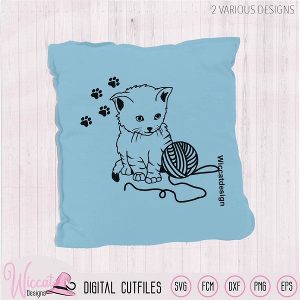 Cute Line art Kitten with wool svg, small cat design, pets svg, animals svg, scanncut fcm, svg cut file, dxf file, svg cricut, vinyl craft