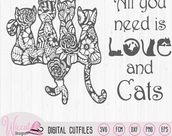 Doodle cats all you need is love, cat quote, word art, tumbler design, cat love, scanncut fcm, dxf file, svg cricut, vinyl craft