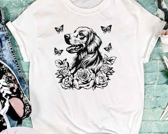 Goldenretriever with butterflies, Floral dog silhouette svg,  dog svg, black and white stencil design, cricut svg, plotter file