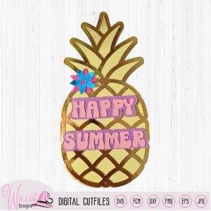 Cartão de verão de abacaxi 3D svg, cartão tropical svg, cartão de menu, cartão de férias svg, cartão de verão em camadas