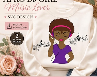 Afro DJ Girl Music Lover SVG Design, Headphones, Notes (Digital Download)