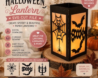 Spooky Halloween lantern bundle, paper diy lantern svg candles bats and spiders, template scanncut fcm, cricut svg, halloween props
