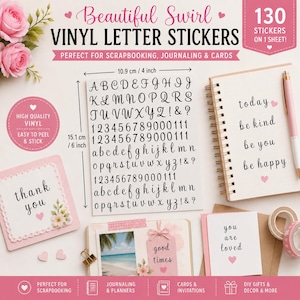 Vinylklistermärken med virvelalfabet, små bokstäver, siffror, pyssel