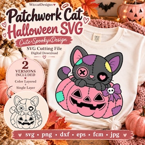 May include: A white t-shirt featuring a graphic of a black patchwork cat sitting inside a pink jack-o'-lantern. The design includes text reading Patchwork Cat Halloween SVG, Cute Spooky Design, and SVG Cutting File Digital Download.
