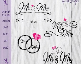 Mr & mrs svg, Wedding svg, Wedding Rings svg, Wedding banner, split banner svg, diamond ring svg, dxf cut file, fcm files, svg for cricut