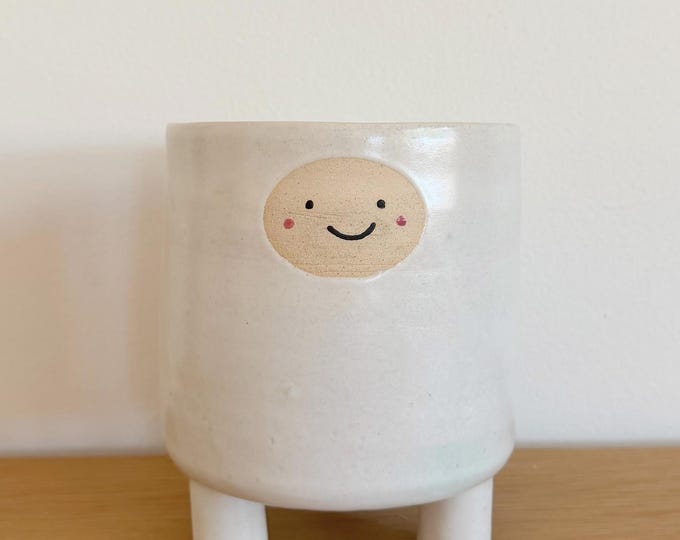 LARGE Handmade Stoneware Planter, Glazed Pottery with Face Design