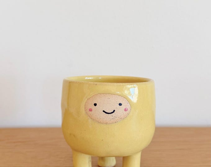 Handmade Stoneware Planter, Yellow Glazed Pottery with Face, 3 legs