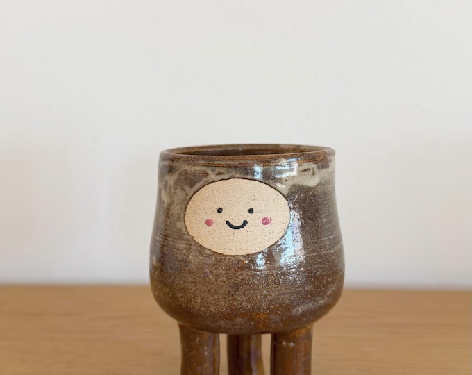 Handmade Stoneware Planter, Three-Legged Pottery with Face Design