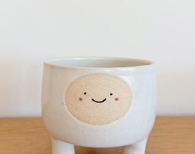 Handmade Stoneware Planter, Three-Legged Pottery with Face