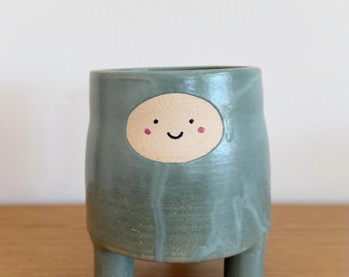Handmade Stoneware Planter, Glazed Green Pot with Face, 3 legs