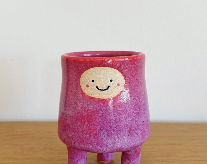 Handmade Stoneware Planter, Pink Glazed Pottery with Face, 3 legs
