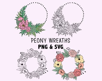 PEONY FLOWER WREATHS, hand-drawn wreaths, doodle clipart, rustic, drawn wreaths, png, svg, vector wreaths, wedding, laurels, cute wreaths