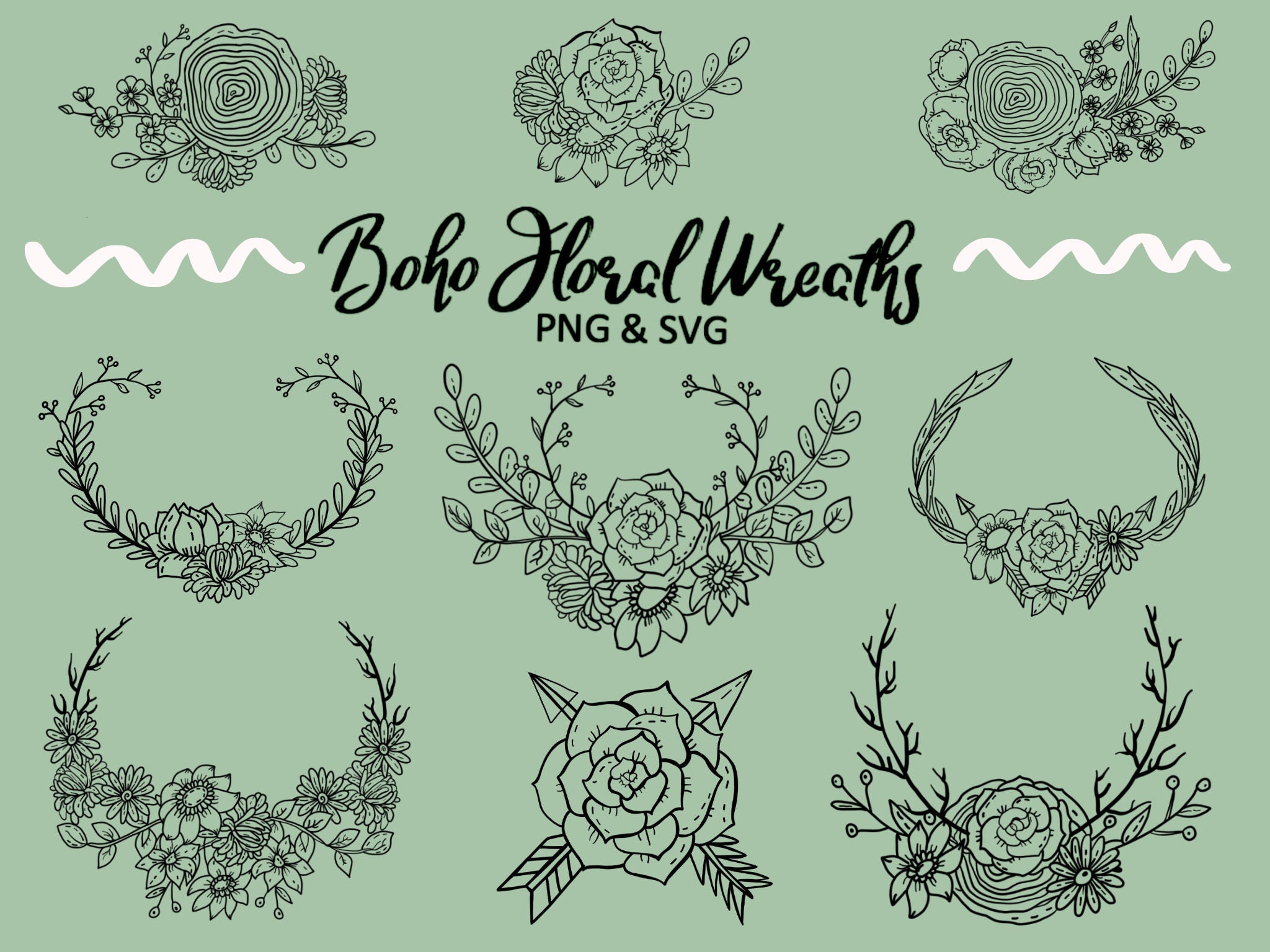 BOHO FLORAL WREATHS Hand-drawn Wreaths Doodle Clipart - Etsy