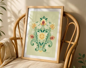 Rosemaling Green and Gold Fine Art Print