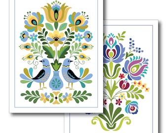 Hungarian Folk Designs Lavender and Gold, Violet and Blue set of six note cards