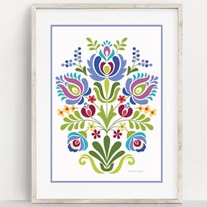 Hungarian Folk Style Design Fine Art Print Blue and Purple Flowers