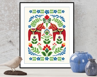 Swedish Folk Fine Art Print Red Dala Horses