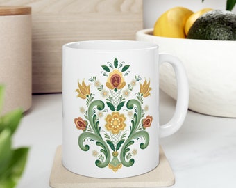 Rosemaling Green and Gold Ceramic Mug, 11oz