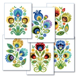 Ensemble de six cartes de correspondance florales polonaises au design folklorique Wycinanki, Pologne