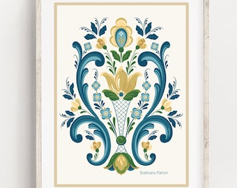Rosemaling Blue and Gold Fine Art Print