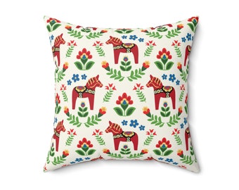 Swedish Dala Horses Red Throw Pillow