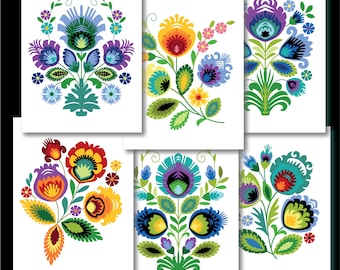 Peut inclure: Six motifs floraux colorés dans un style d'art populaire. Chaque motif présente un bouquet de fleurs avec des feuilles et des tiges vertes. Les fleurs sont dans des tons de rouge, jaune, bleu, vert et violet.