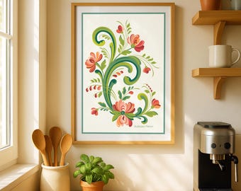 Rosemaling Red and Pink Fine Art Print
