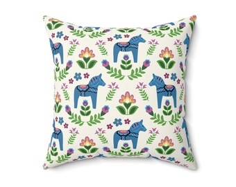 Swedish Dala Horse Blue Throw Pillow