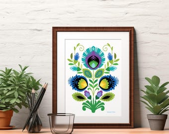 Style art folklorique polonais Wycinanki Papercut Design Fleur sarcelle