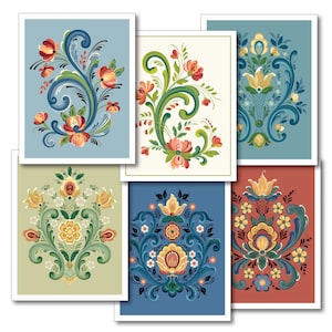 Rosemaling-wenskaarten, set van zes