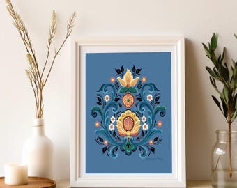 Rosemaling Dark Blue and Gold Fine Art Print