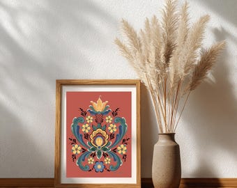 Rosemaling Red and Gold Fine Art Print