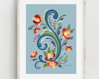 Rosemaling Blue and Red Fine Art Print