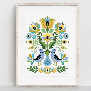 Hungarian Design Fine Art Print Birds Blue and Gold