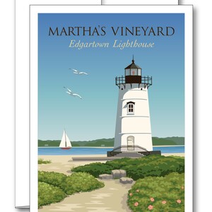 May include: A postcard featuring a white lighthouse with a black roof and a black railing. The lighthouse is on a small island with green bushes and a sandy beach. The sky is blue with white clouds. The text on the postcard reads "Martha's Vineyard Edgartown Lighthouse".