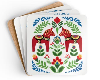 Schwedisches Dala Pferd Korkholz Untersetzer Set | Folk Art Blumenmuster