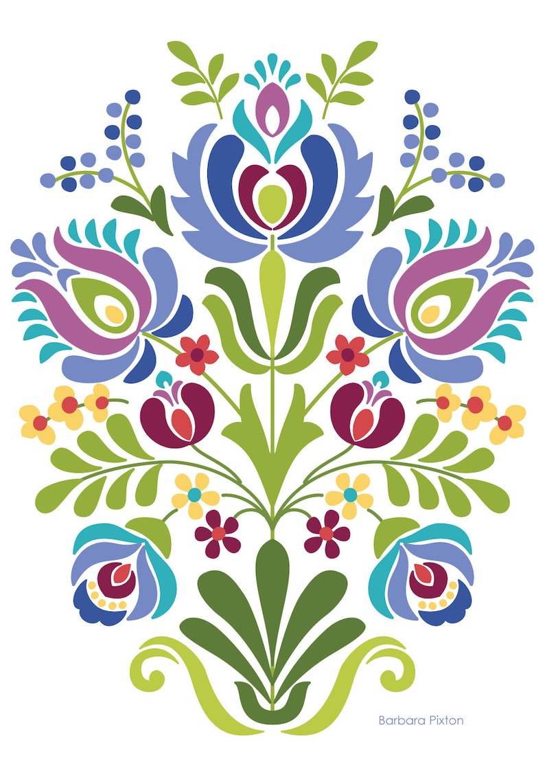 Hungarian Folk Art Print Blue and Purple Flowers Etsy