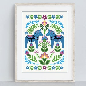 Swedish Folk Fine Art Print Blue Dala Horses