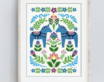 Swedish Folk Fine Art Print Blue Dala Horses