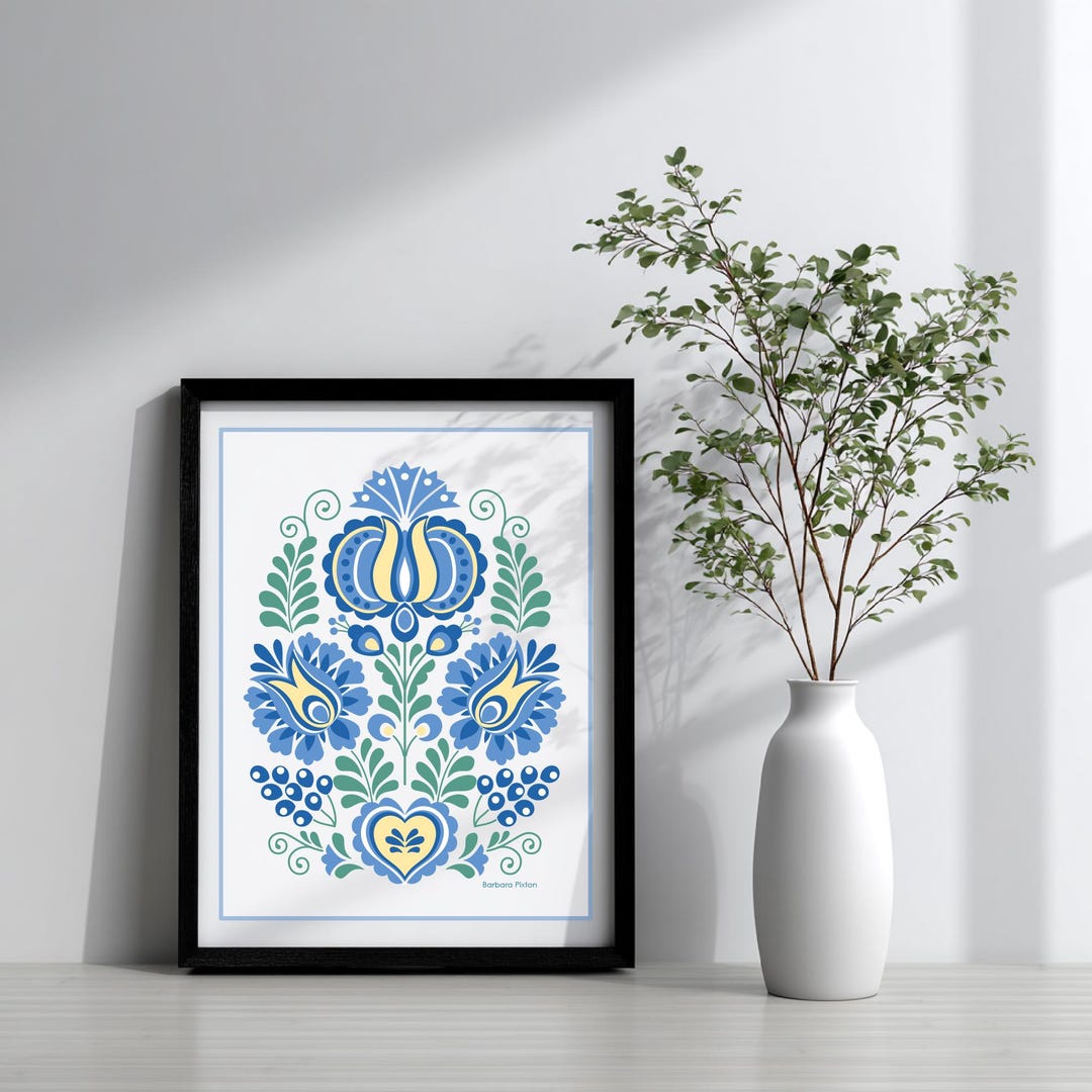 Moravian Folk Style Blue Flowers and Grapes Fine Art Print - Etsy