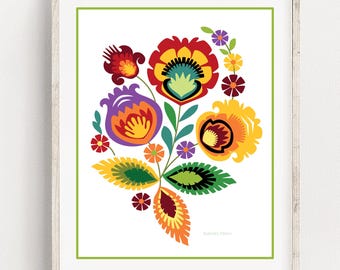 Peut inclure: Une impression encadrée présentant une illustration florale vibrante avec des fleurs stylisées rouges, jaunes, violettes et orange, des feuilles vertes et une fine bordure vert citron sur fond blanc. L'œuvre inclut le texte Barbara Fidoń.