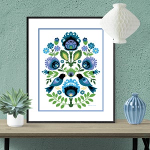 Polish Folk Art Style Wycinanki Papercut Design with Birds, Fine Art Print