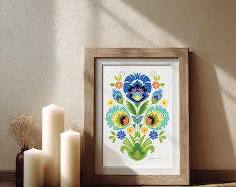 Impresión artística con diseño de corte de papel Wycinanki floral en azul y verde azulado de estilo folk polaco
