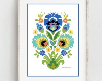 Polish Floral Blue & Teal Papercut Design Fine Art Print