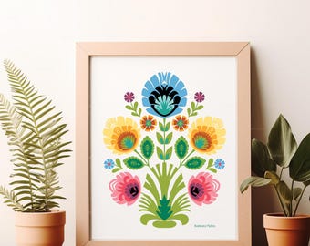 Polish Folk Art Print. Wycinanki Flowers on Black. 5 X 7 8 X 10 or